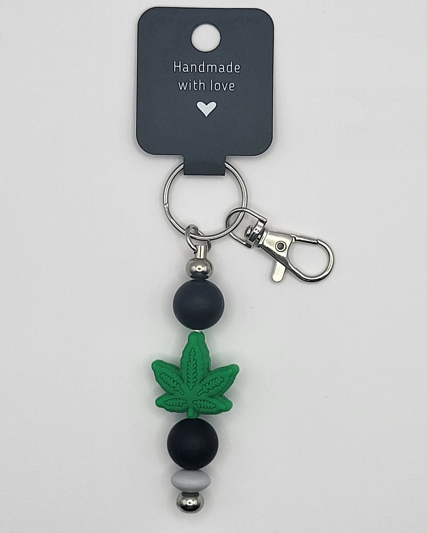 Silicone Green Leaf Black Beads with Accent Bead Keychain