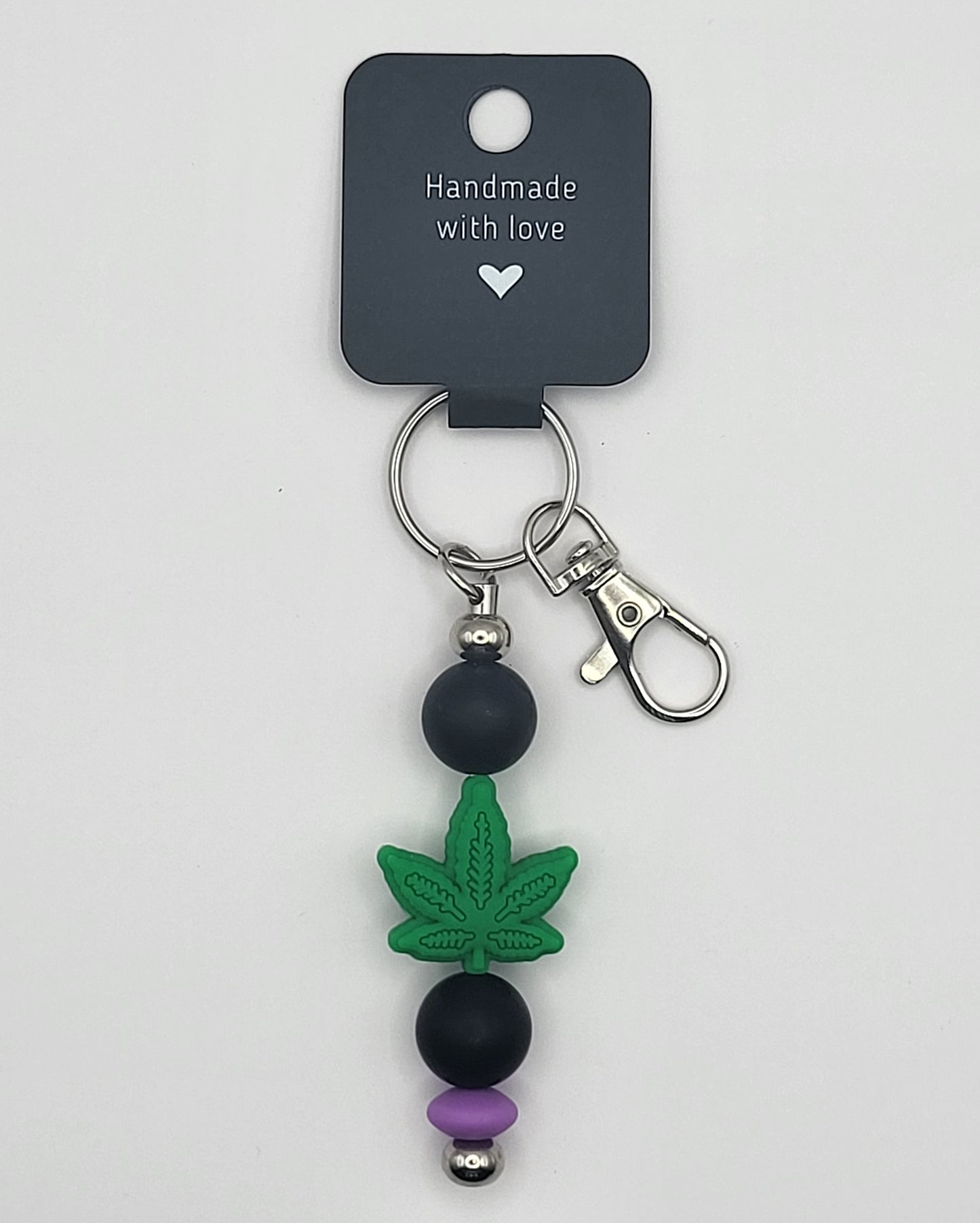 Silicone Green Leaf Black Beads with Accent Bead Keychain