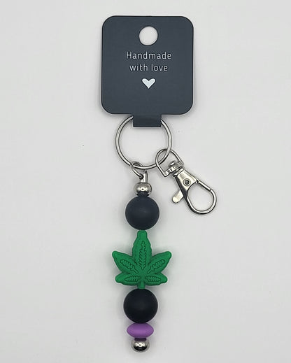 Silicone Green Leaf Black Beads with Accent Bead Keychain