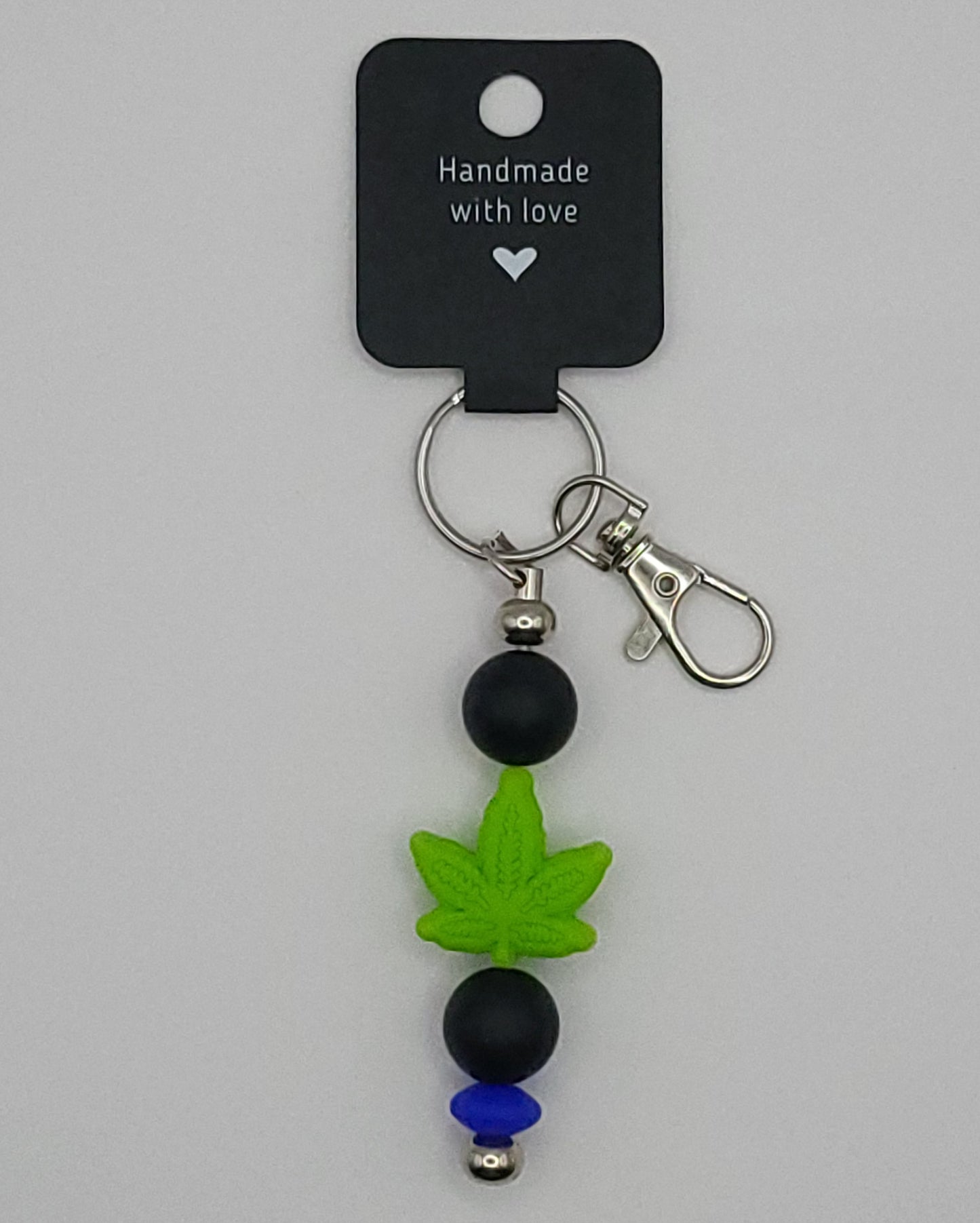 Silicone Light Green Leaf Black Beads with Accent Bead Keychain