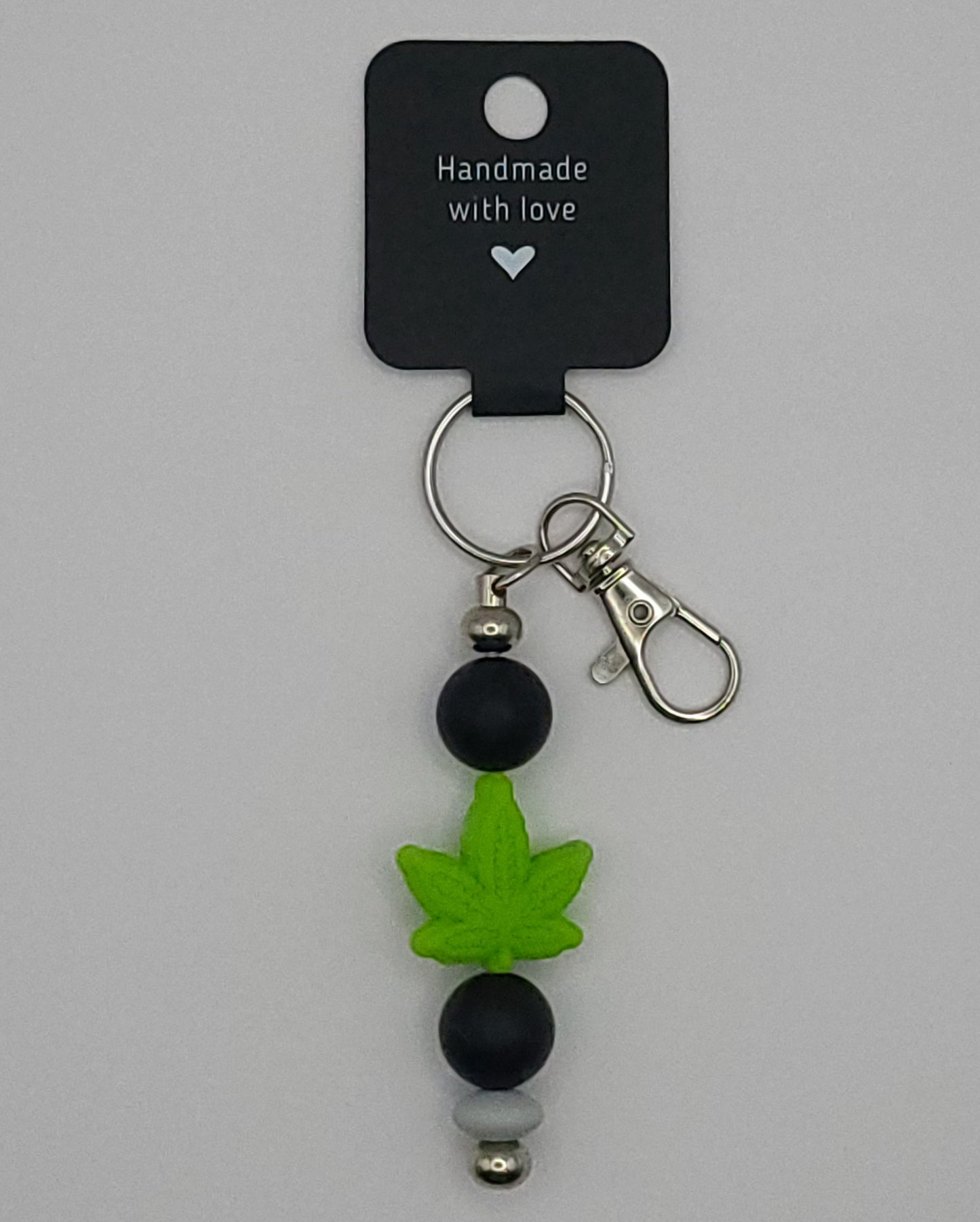 Silicone Light Green Leaf Black Beads with Accent Bead Keychain
