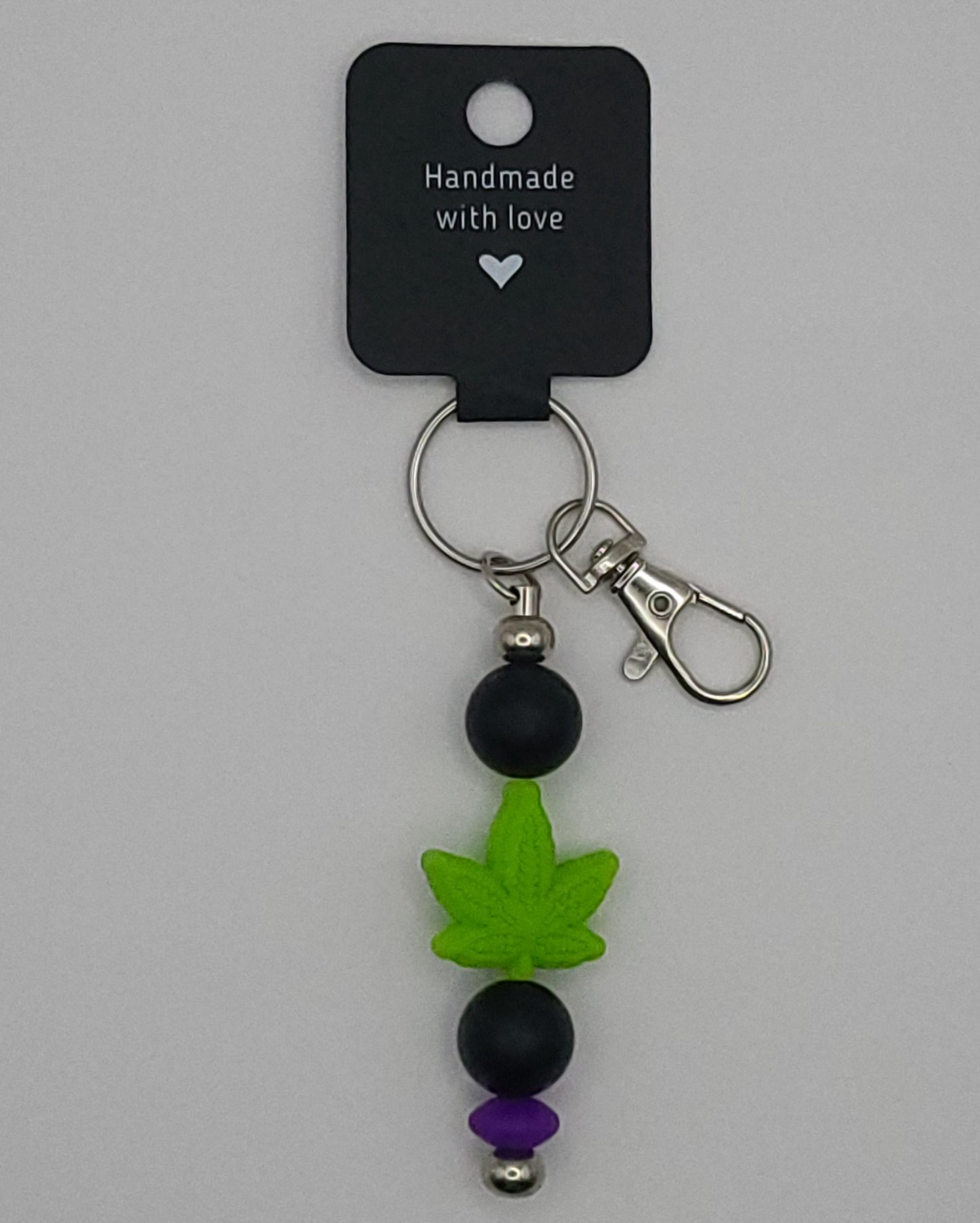 Silicone Light Green Leaf Black Beads with Accent Bead Keychain