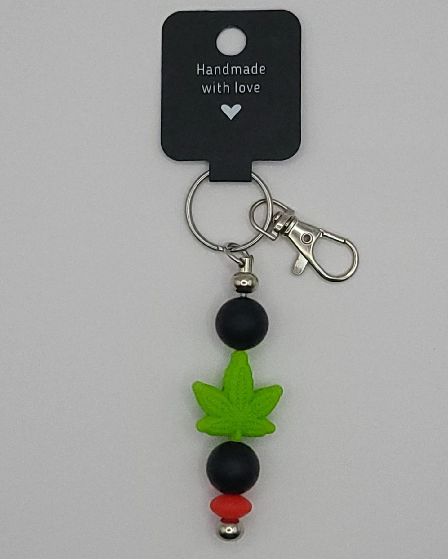 Silicone Light Green Leaf Black Beads with Accent Bead Keychain