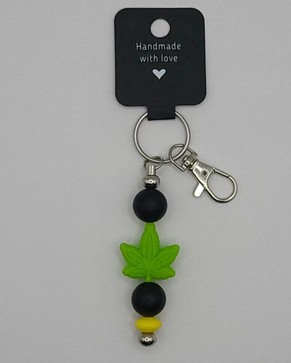 Silicone Light Green Leaf Black Beads with Accent Bead Keychain
