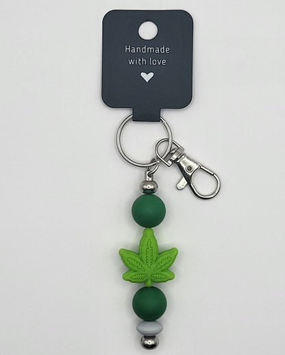 Silicone Light Green Leaf Green Beads Gray Accent Bead Keychain